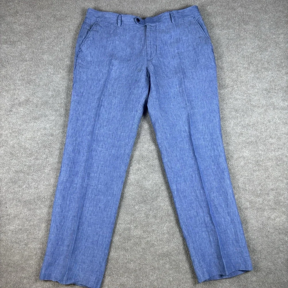 Tommy Hilfiger Mens Linen Pants 36x30 Blue 100% Linen Flat Front Dress